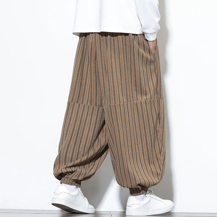Pantaloni harem in velluto a coste con coulisse e tasche da uomo con motivo a righe autunnali Buddha Stones - image 61