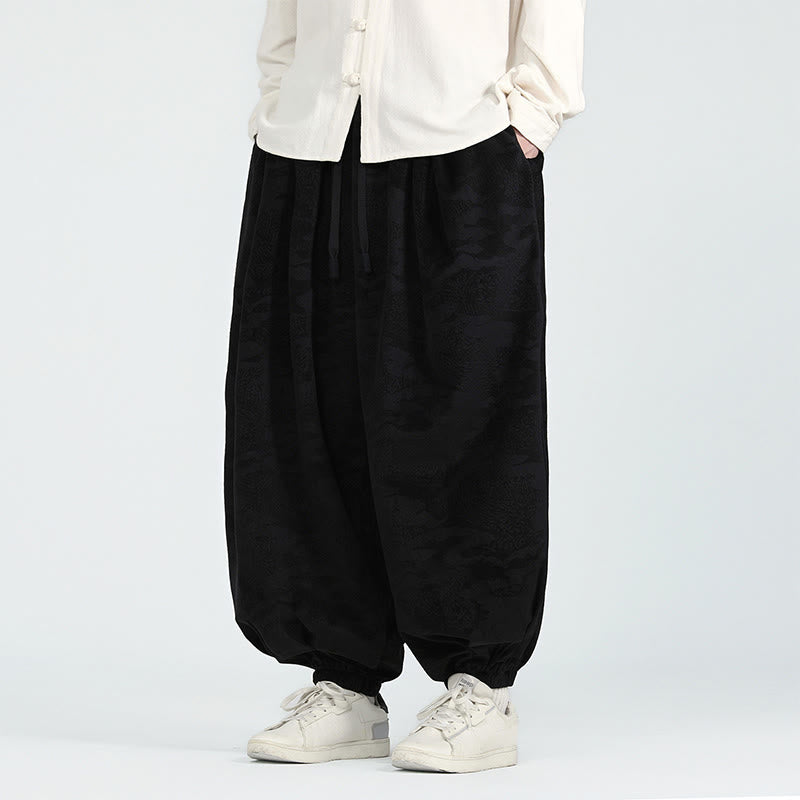 Pantaloni harem da uomo con coulisse e tasche, motivo jacquard tinta unita, motivo Buddha Stones Fall - Nero - US/UK/AU46, EU56 (5XL) - image 8