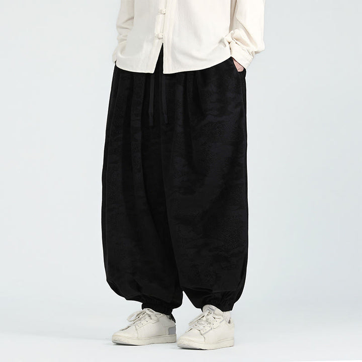 Pantaloni harem da uomo con coulisse e tasche, motivo jacquard tinta unita, motivo Buddha Stones Fall - Nero - US/UK/AU46, EU56 (5XL) - image 8