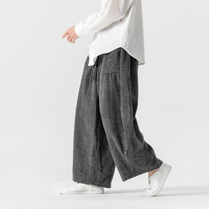 Pantaloni da uomo in cotone a gamba larga con tasche e coulisse, tinta unita, modello Buddha Stones Daily - image 6