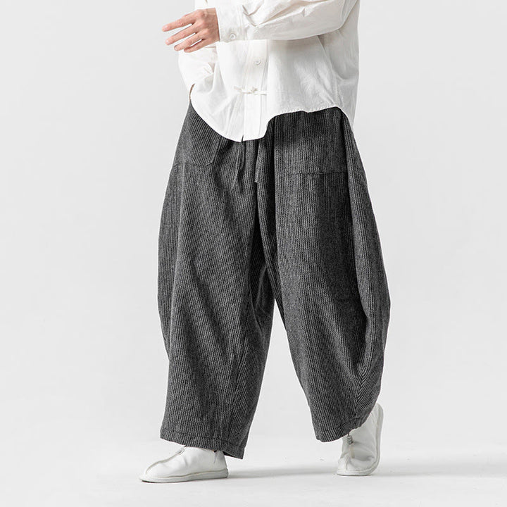 Pantaloni da uomo in cotone a gamba larga con tasche e coulisse, tinta unita, modello Buddha Stones Daily - image 4