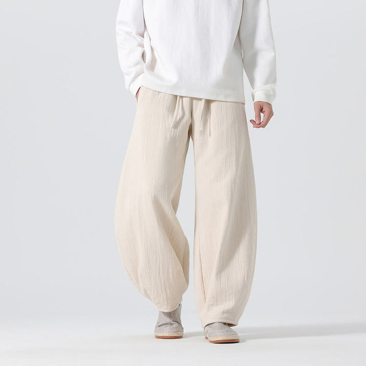 Pantaloni da uomo in puro cotone con coulisse e tasche, stile zen cinese, modello Buddha Stones Daily - Beige - US/UK/AU46, EU56 (5XL) - image 0