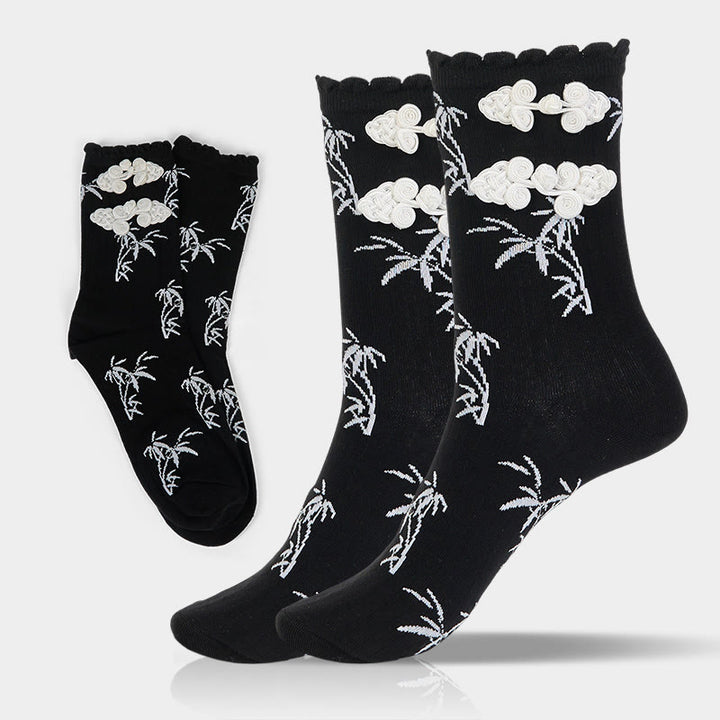 Calzini da donna in microfibra con motivo a rana cinese e bottoni, modello jacquard in bambù, modello Buddha Stones - Nero - Taglia unica (US 5.5-8.5, EU 36-40, UK/AU 3.5-6.5, AISA 23-25 ​​cm) - image 0