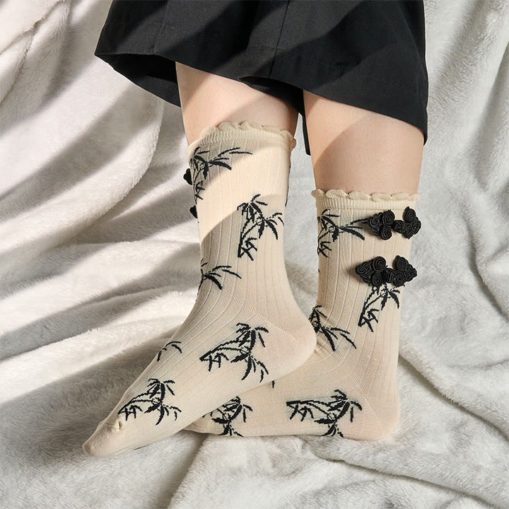 Calzini da donna in microfibra con motivo a rana cinese e bottoni, modello jacquard in bambù, modello Buddha Stones - image 13