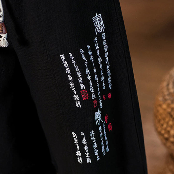 Pantaloni da uomo in cotone con tasche e motivo a caratteri cinesi ricamati con Buddha Stones - image 18