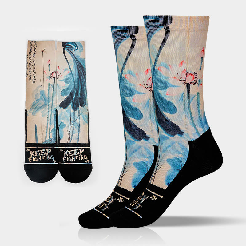 Calzini unisex da uomo e da donna, motivo: Buddha Stones, motivo: Lotus, paesaggio cinese dipinto, micro-mesh - Grano - Taglia unica (US 5-10,5， EU 38-44， UK/AU 5-10,5，AISA 24,5-28 cm) - image 0