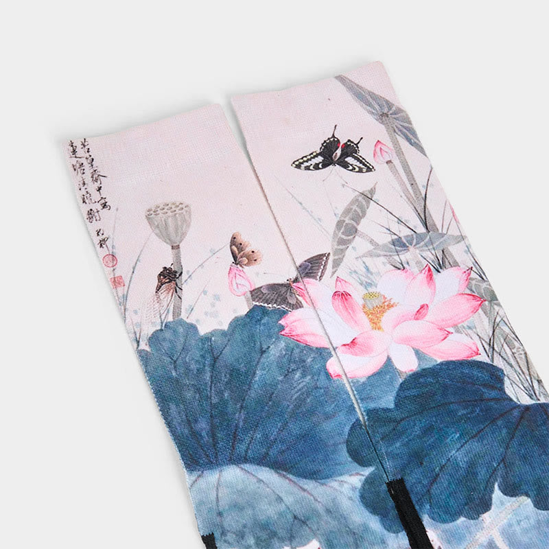 Calzini casual da uomo e da donna, unisex, con motivo Buddha Stones, fiori di loto, foglie e farfalle - image 2