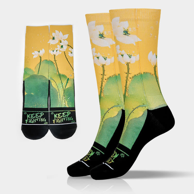 Calzini casual da uomo e da donna, unisex, con fiori di loto beige e foglie Buddha Stones - Oro - Taglia unica (adatta alla maggior parte delle taglie: US 5-10.5, EU 38-44, UK/AU 5-10.5, AISA 24.5-28cm) - image 0
