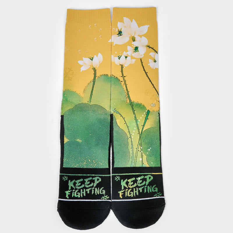 Calzini casual da uomo e da donna, unisex, con fiori di loto beige e foglie Buddha Stones - image 1