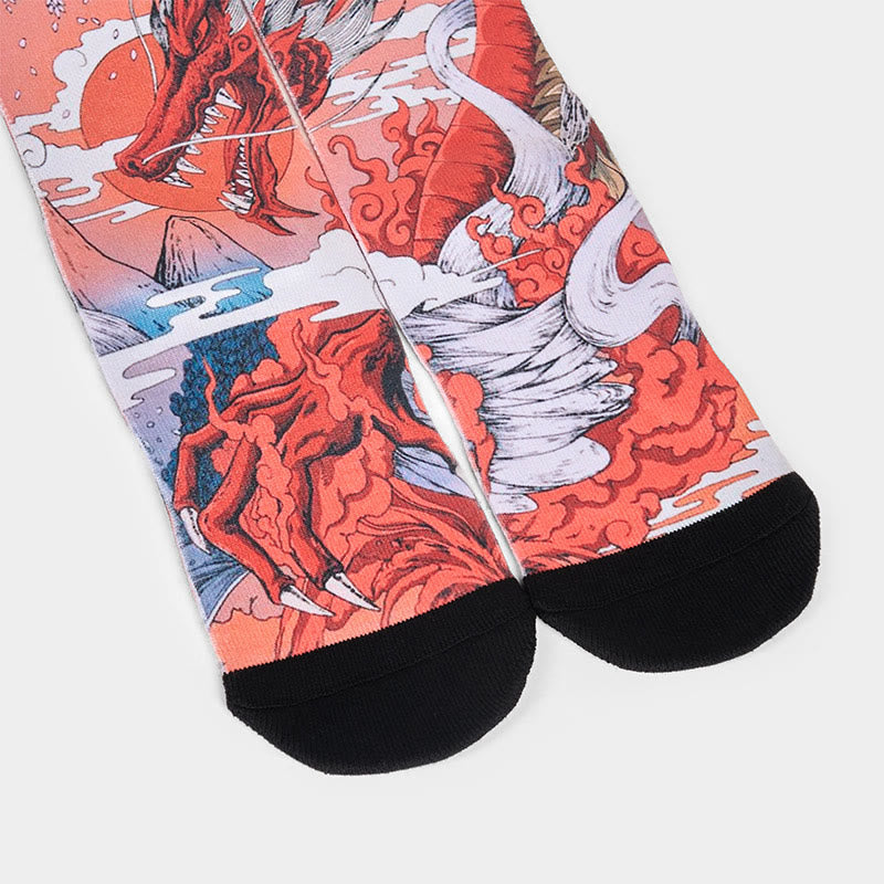 Calzini casual da uomo e da donna, unisex, con motivo Buddha Stones, drago rosso, vulcano, sole, albero e montagne - image 3