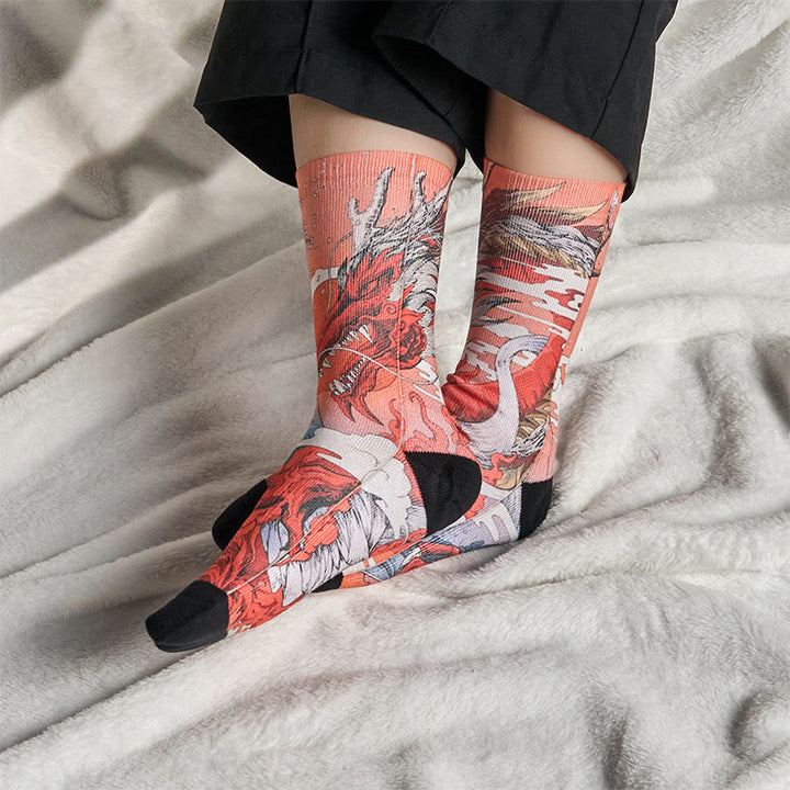 Calzini casual da uomo e da donna, unisex, con motivo Buddha Stones, drago rosso, vulcano, sole, albero e montagne - image 4