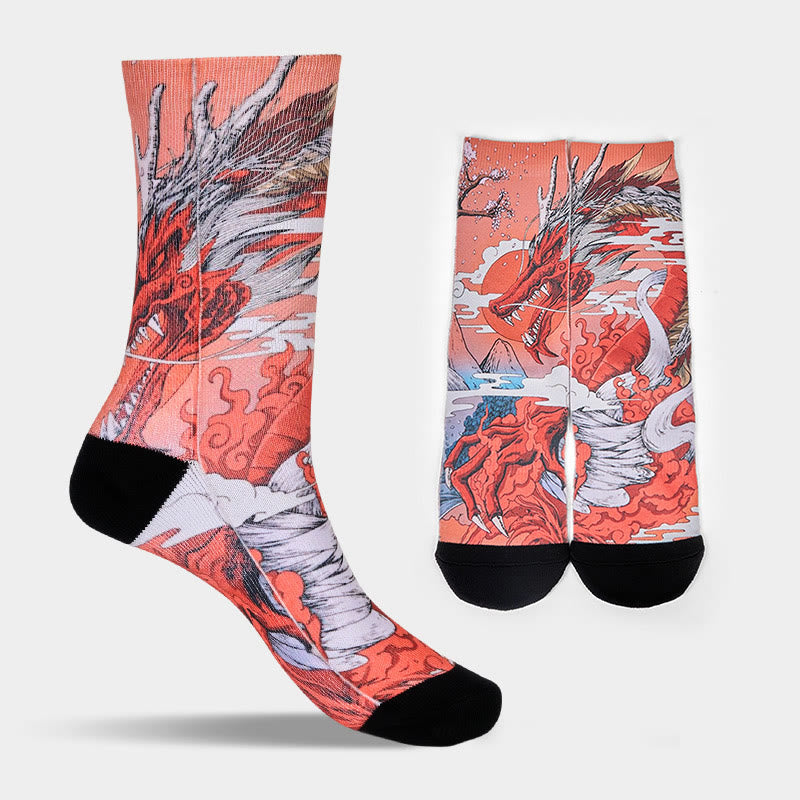 Calzini casual da uomo e da donna, unisex, con motivo Buddha Stones, drago rosso, vulcano, sole, albero e montagne - image 8