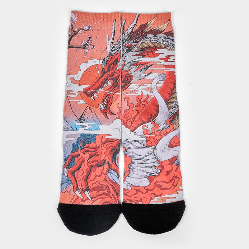 Calzini casual da uomo e da donna, unisex, con motivo Buddha Stones, drago rosso, vulcano, sole, albero e montagne - image 1