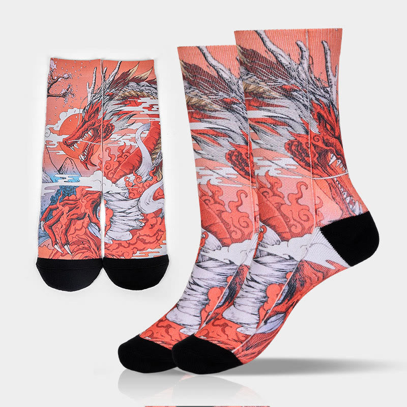 Calzini casual da uomo e da donna, unisex, con motivo Buddha Stones, drago rosso, vulcano, sole, albero e montagne - Corallo - ML (US 8-12, EU 41-45, UK/AU 7.5-11.5, AISA 25.5-28.5cm) - image 0