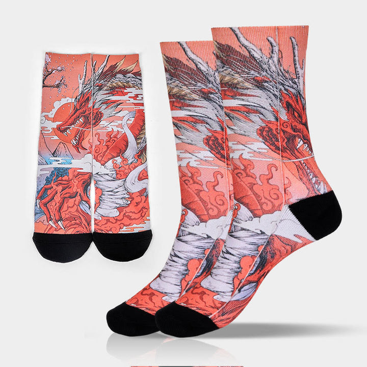Calzini casual da uomo e da donna, unisex, con motivo Buddha Stones, drago rosso, vulcano, sole, albero e montagne - Corallo - ML (US 8-12, EU 41-45, UK/AU 7.5-11.5, AISA 25.5-28.5cm) - image 0