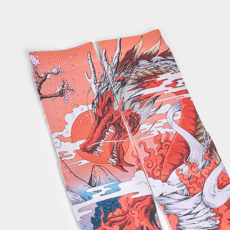 Calzini casual da uomo e da donna, unisex, con motivo Buddha Stones, drago rosso, vulcano, sole, albero e montagne - image 2