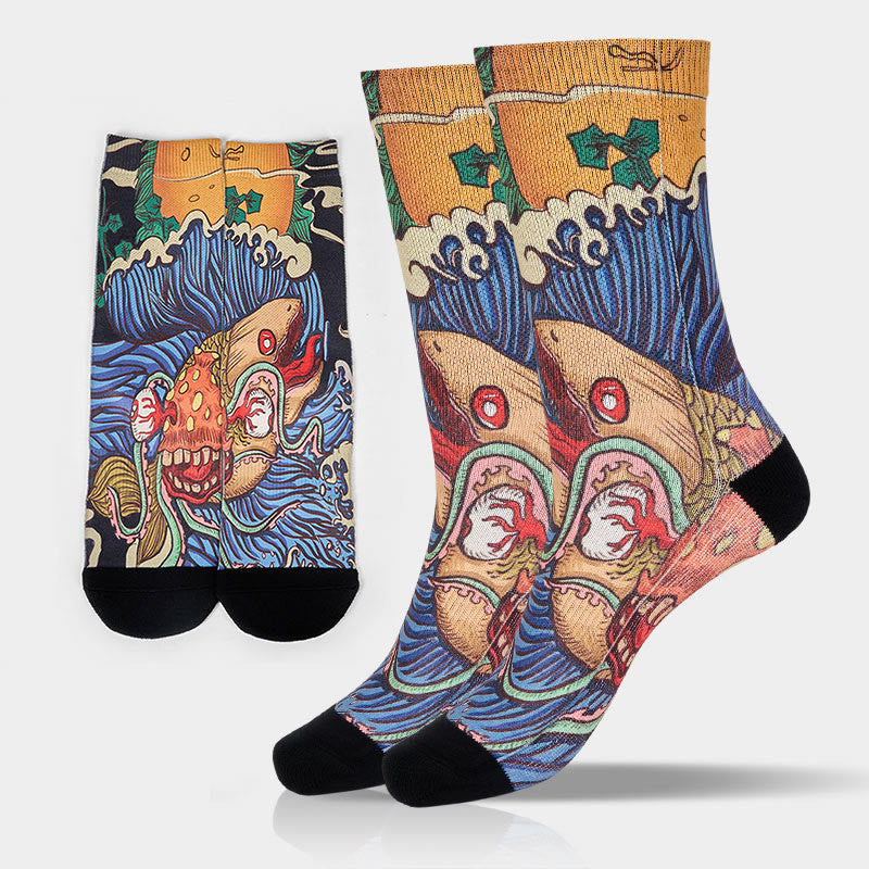Calzini unisex da uomo e da donna, modello Buddha Stones, casual, con pesci vivaci e onde fluenti - SteelBlue - ML (US 8-12, EU 41-45, UK/AU 7.5-11.5, AISA 25.5-28.5cm) - image 0