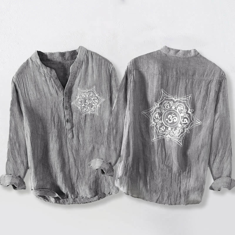 Camicia da uomo in cotone e lino a maniche lunghe con design a bottoni mezzi , Buddha Stones Om Mani Padme Hum Mandala - Grigio - US/UK/AU50, EU60 (5XL) - image 6