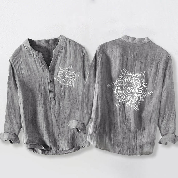 Camicia da uomo in cotone e lino a maniche lunghe con design a bottoni mezzi , Buddha Stones Om Mani Padme Hum Mandala - Grigio - US/UK/AU50, EU60 (5XL) - image 6