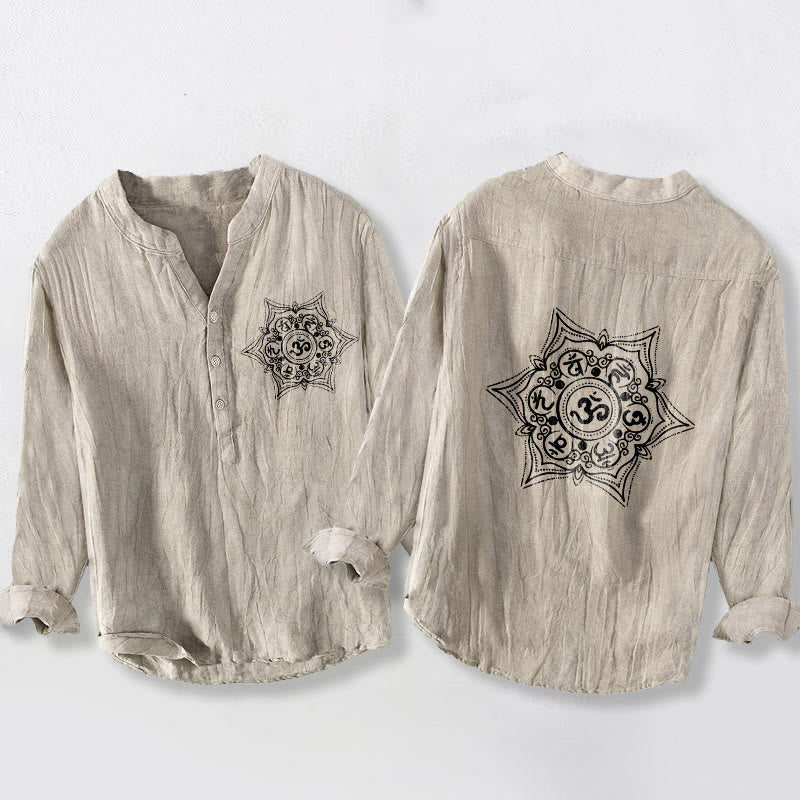 Camicia da uomo in cotone e lino a maniche lunghe con design a bottoni mezzi , Buddha Stones Om Mani Padme Hum Mandala - Biancheria - US/UK/AU50, EU60 (5XL) - image 3