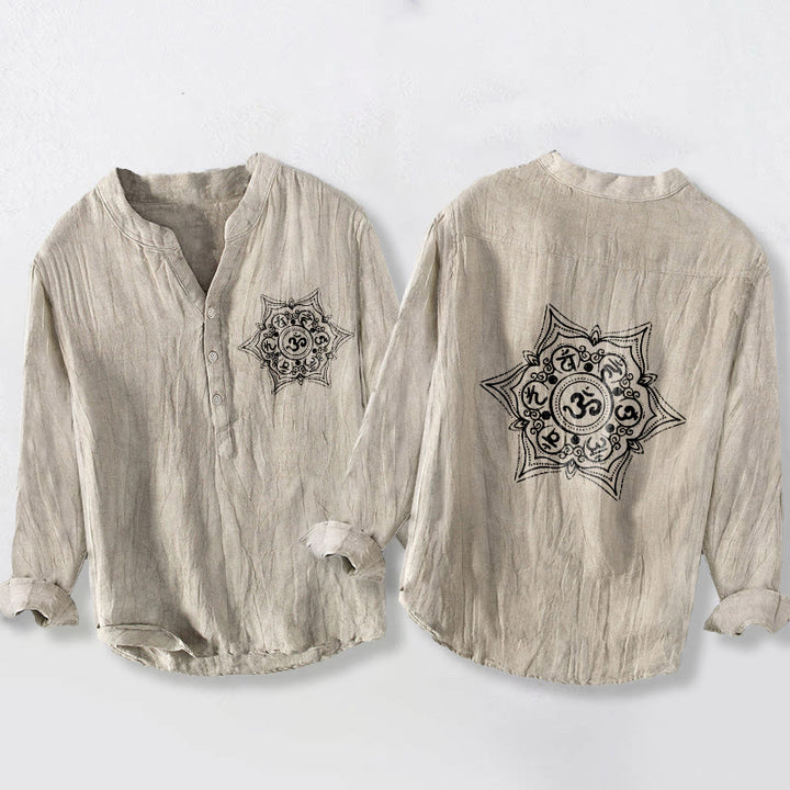 Camicia da uomo in cotone e lino a maniche lunghe con design a bottoni mezzi , Buddha Stones Om Mani Padme Hum Mandala - Biancheria - US/UK/AU50, EU60 (5XL) - image 3