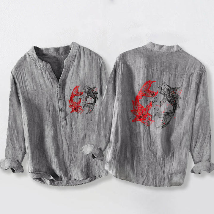 Camicia da uomo in cotone e lino a maniche lunghe con motivo a pesce koi, motivo Yin Yang Buddha Stones e bottoni - Grigio - US/UK/AU50, EU60 (5XL) - image 0