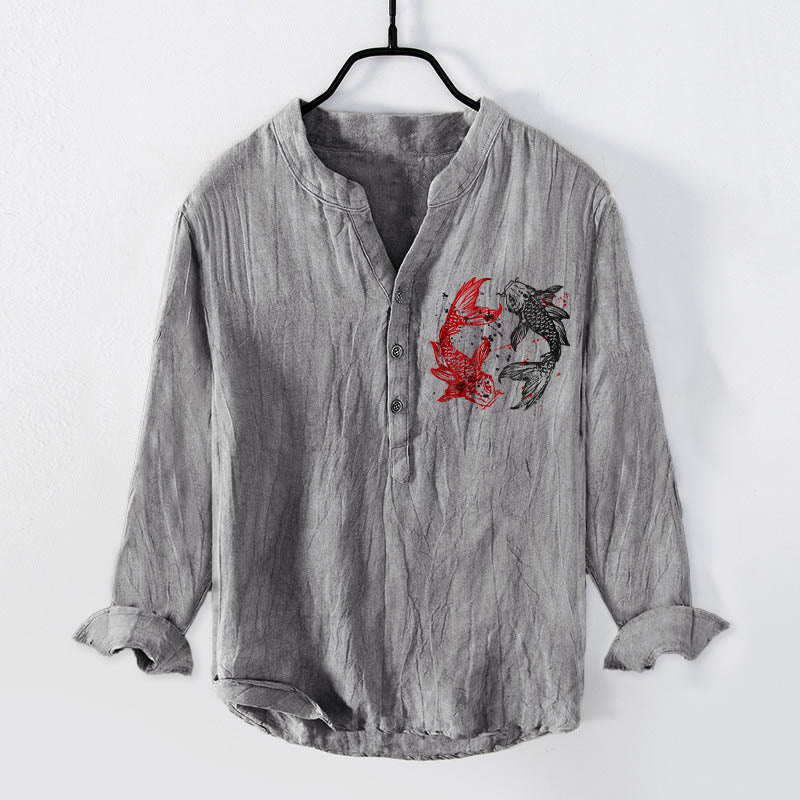 Camicia da uomo in cotone e lino a maniche lunghe con motivo a pesce koi, motivo Yin Yang Buddha Stones e bottoni - image 1