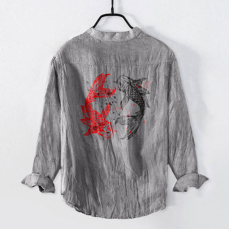 Camicia da uomo in cotone e lino a maniche lunghe con motivo a pesce koi, motivo Yin Yang Buddha Stones e bottoni - image 2