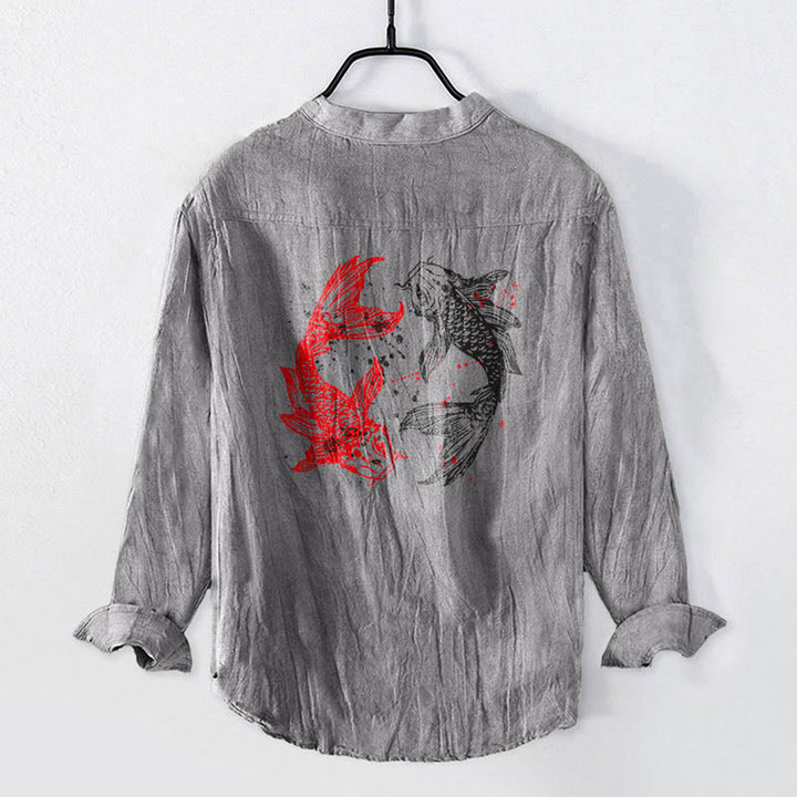 Camicia da uomo in cotone e lino a maniche lunghe con motivo a pesce koi, motivo Yin Yang Buddha Stones e bottoni - image 2