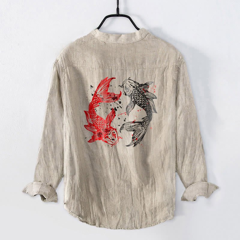 Camicia da uomo in cotone e lino a maniche lunghe con motivo a pesce koi, motivo Yin Yang Buddha Stones e bottoni - image 8