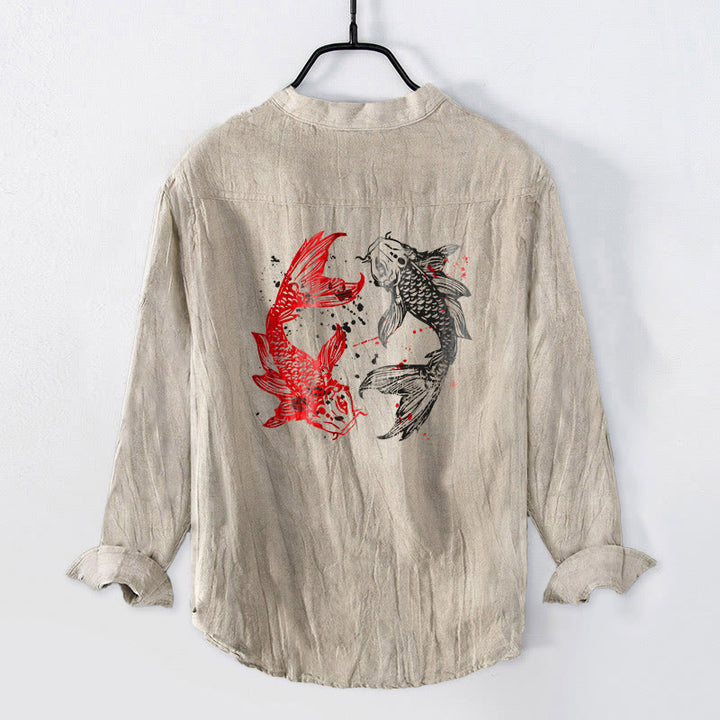 Camicia da uomo in cotone e lino a maniche lunghe con motivo a pesce koi, motivo Yin Yang Buddha Stones e bottoni - image 8