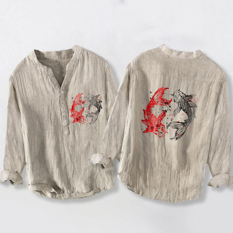 Camicia da uomo in cotone e lino a maniche lunghe con motivo a pesce koi, motivo Yin Yang Buddha Stones e bottoni - Biancheria - US/UK/AU50, EU60 (5XL) - image 6