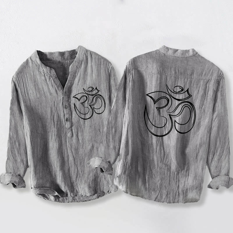 Camicia da uomo in cotone e lino a maniche lunghe con motivo a bottoni mezzi, motivo con Buddha Stones simbolo Om - Grigio - US/UK/AU50, EU60 (5XL) - image 0