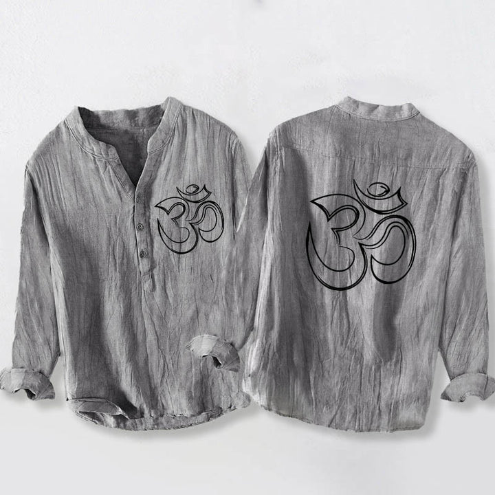 Camicia da uomo in cotone e lino a maniche lunghe con motivo a bottoni mezzi, motivo con Buddha Stones simbolo Om - Grigio - US/UK/AU50, EU60 (5XL) - image 0