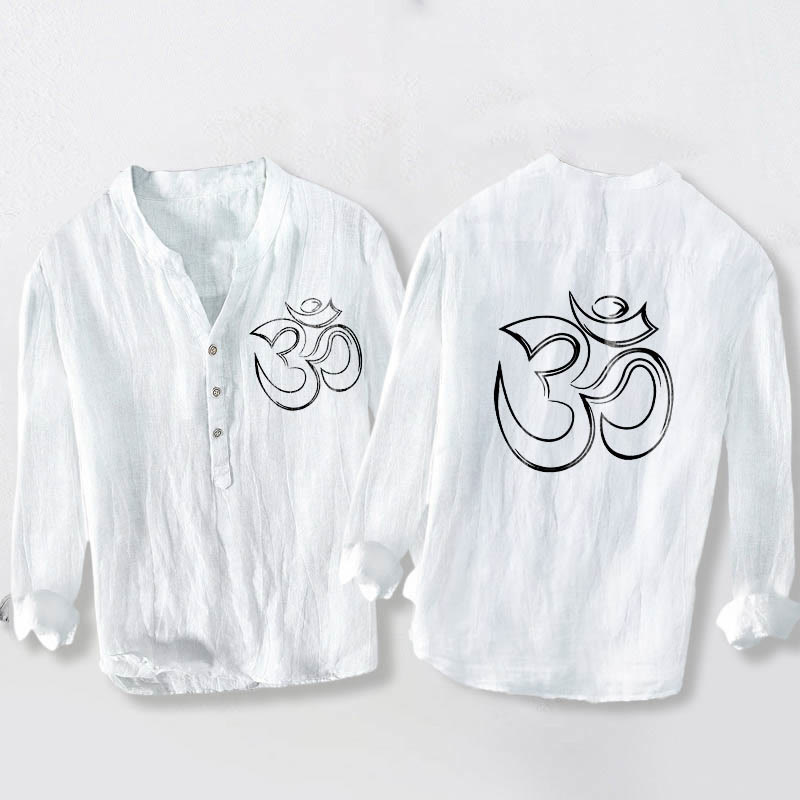 Camicia da uomo in cotone e lino a maniche lunghe con motivo a bottoni mezzi, motivo con Buddha Stones simbolo Om - Bianco - US/UK/AU50, EU60 (5XL) - image 6