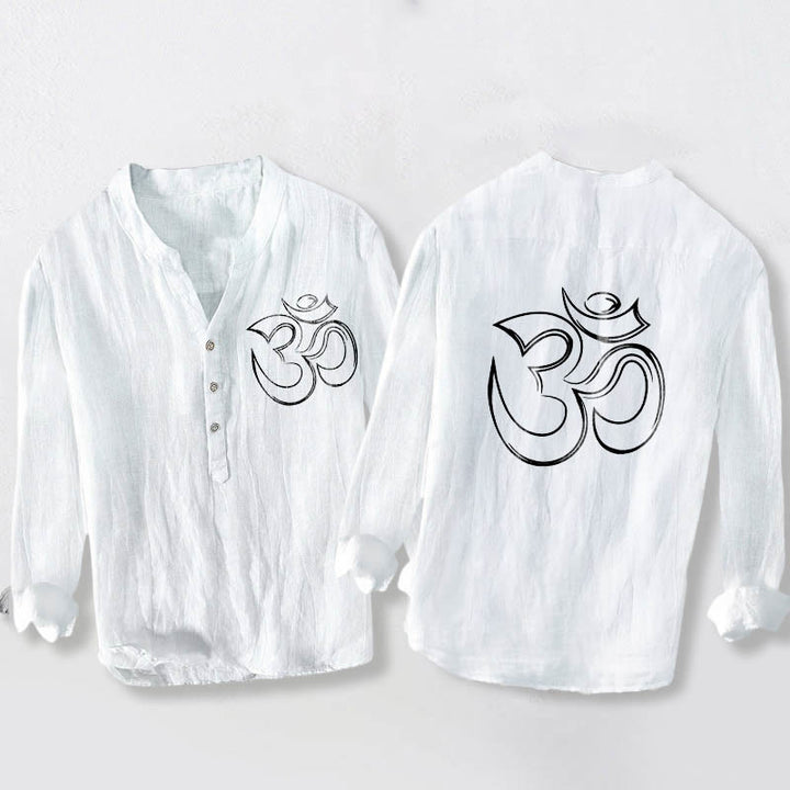 Camicia da uomo in cotone e lino a maniche lunghe con motivo a bottoni mezzi, motivo con Buddha Stones simbolo Om - Bianco - US/UK/AU50, EU60 (5XL) - image 6