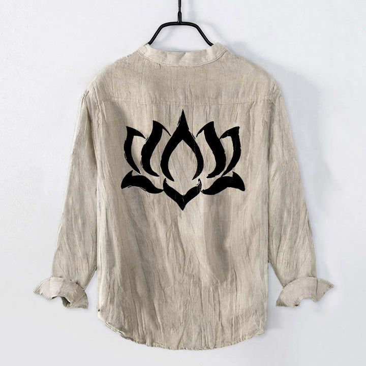 Camicia da uomo in cotone e lino a maniche lunghe con motivo a bottoni mezzi, motivo con Buddha Stones e simbolo di loto Om - image 5