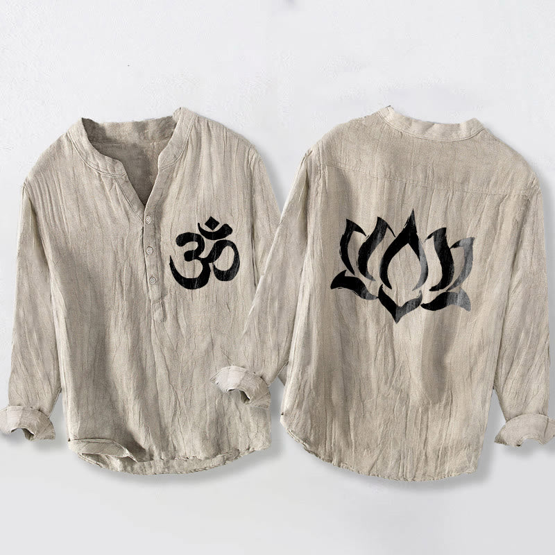 Camicia da uomo in cotone e lino a maniche lunghe con motivo a bottoni mezzi, motivo con Buddha Stones e simbolo di loto Om - Biancheria - US/UK/AU50, EU60 (5XL) - image 3
