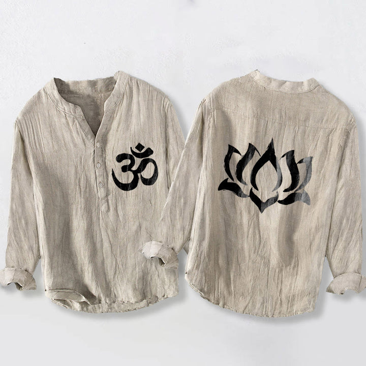 Camicia da uomo in cotone e lino a maniche lunghe con motivo a bottoni mezzi, motivo con Buddha Stones e simbolo di loto Om - Biancheria - US/UK/AU50, EU60 (5XL) - image 3