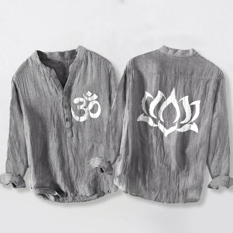Camicia da uomo in cotone e lino a maniche lunghe con motivo a bottoni mezzi, motivo con Buddha Stones e simbolo di loto Om - Grigio - US/UK/AU50, EU60 (5XL) - image 0