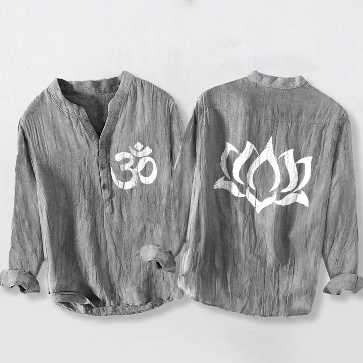 Camicia da uomo in cotone e lino a maniche lunghe con motivo a bottoni mezzi, motivo con Buddha Stones e simbolo di loto Om - Grigio - US/UK/AU50, EU60 (5XL) - image 0