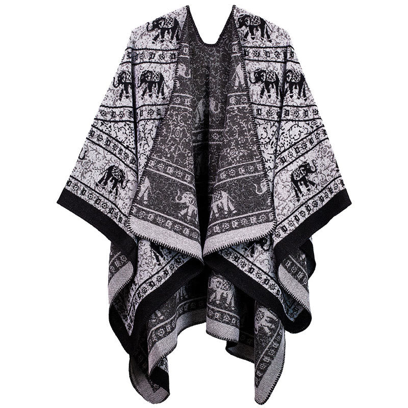 Sciarpa unisex con motivo geometrico in jacquard tibetano con Buddha Stones e elefante - Nero - image 0