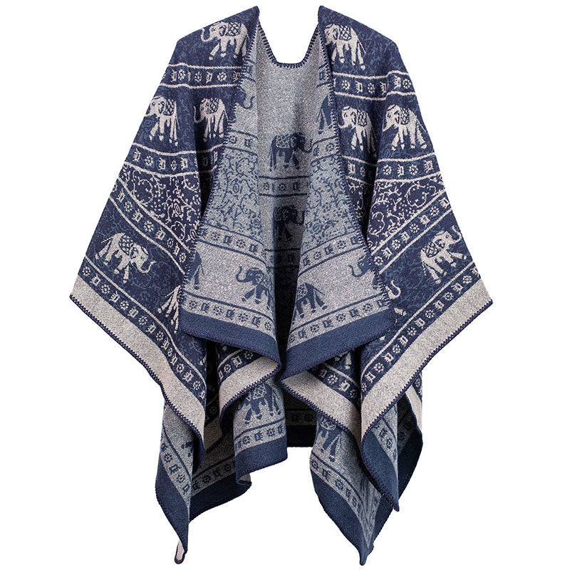 Sciarpa unisex con motivo geometrico in jacquard tibetano con Buddha Stones e elefante - Blu scuro - image 5