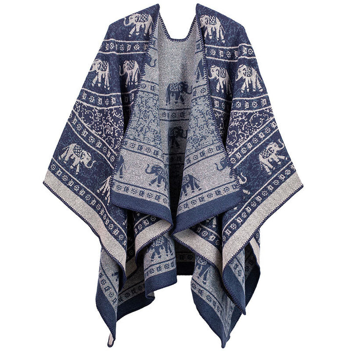 Sciarpa unisex con motivo geometrico in jacquard tibetano con Buddha Stones e elefante - Blu scuro - image 5