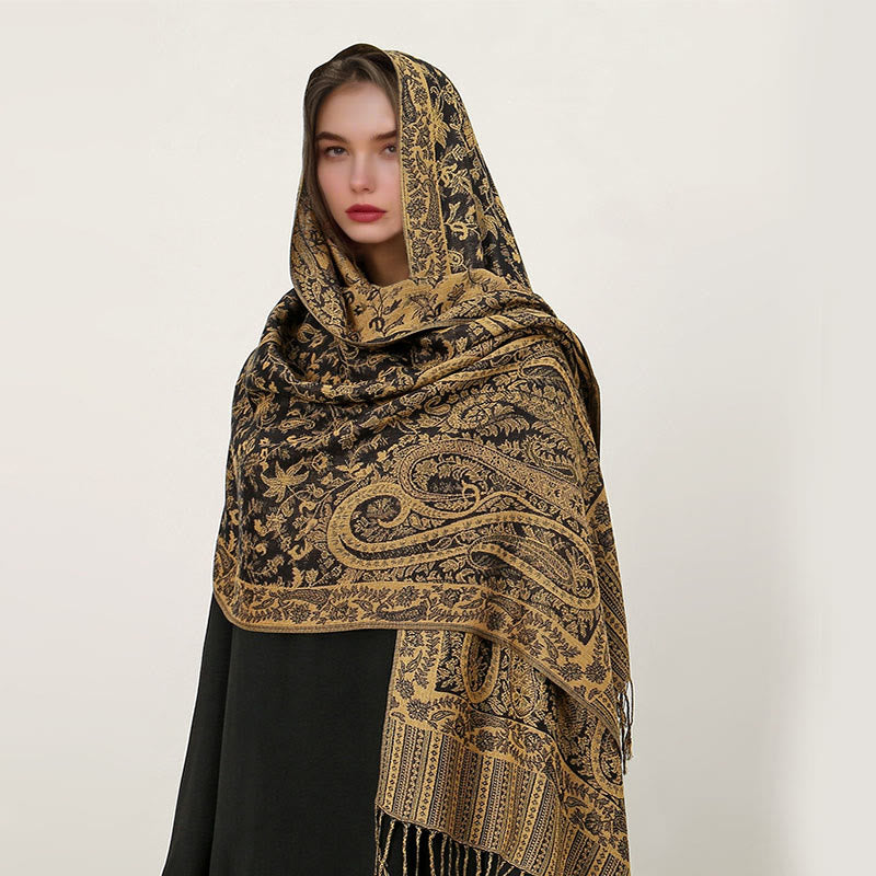 Sciarpa scialle con nappa e motivo paisley tibetano etnica quotidiana di Buddha Stones - Verga d'oro - 70*180cm - image 12