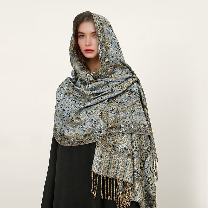 Sciarpa scialle con nappa e motivo paisley tibetano etnica quotidiana di Buddha Stones - Blu acciaio chiaro - 70*180 cm - image 24