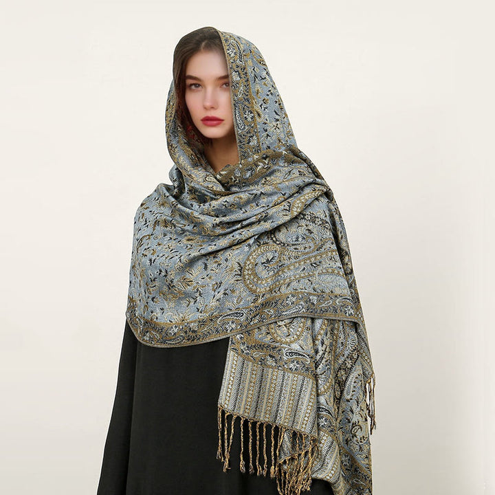 Sciarpa scialle con nappa e motivo paisley tibetano etnica quotidiana di Buddha Stones - Blu acciaio chiaro - 70*180 cm - image 24