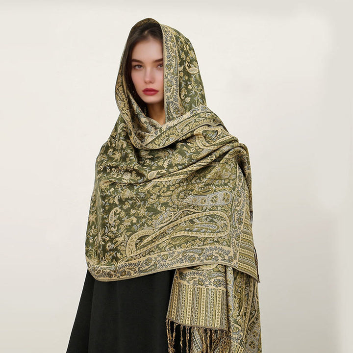 Sciarpa scialle con nappa e motivo paisley tibetano etnica quotidiana di Buddha Stones - Verde oliva - 70*180cm - image 16