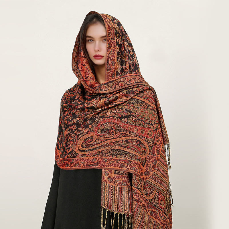 Sciarpa scialle con nappa e motivo paisley tibetano etnica quotidiana di Buddha Stones - Arancione Rosso - 70*180cm - image 8