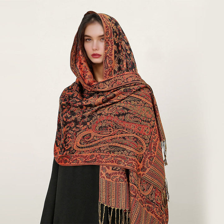 Sciarpa scialle con nappa e motivo paisley tibetano etnica quotidiana di Buddha Stones - Arancione Rosso - 70*180cm - image 8